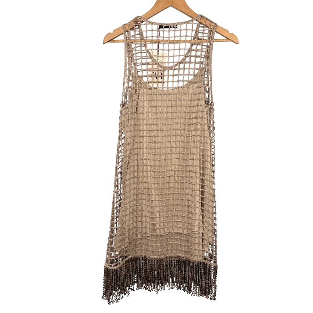 Zara Crochet Dress Womens Small Tan Limited Edition Beaded Fringe Mini 0881/406 - Picture 3 of 10